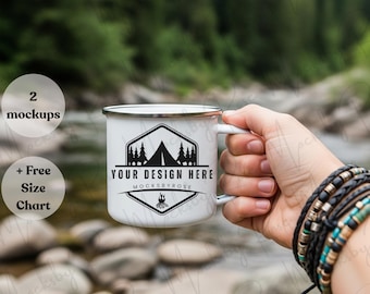 Printify 12oz Enamel Camping Mug Generic Brand Mockup, Nature Camping Hiking Forest Themed Stainless Steel Camping Coffee Mug Mockups POD
