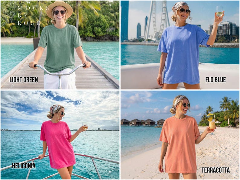 May include: Four images showcasing short-sleeved t-shirts in various colors: light green, flo blue, heliconia, and terracotta. Each image features a person wearing the shirt in a scenic outdoor setting. The text "LIGHT GREEN", "FLO BLUE", "HELICONIA", and "TERRACOTTA" are displayed.