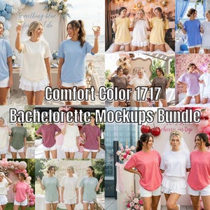 Puede incluir: Un collage de mujeres con camisetas Comfort Color 1717 y shorts blancos. Las camisetas son de varios colores, como azul, amarillo y rosa. Se muestra el texto "Comfort Color 1717 Bachelorette Mockups Bundle".