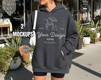 Moletom com capuz Gildan 18500 DARK HEATHER Mockup Moletom com capuz Dark Heather Mockup Estético Estilo de vida moderno Gildan 18500 Mockup