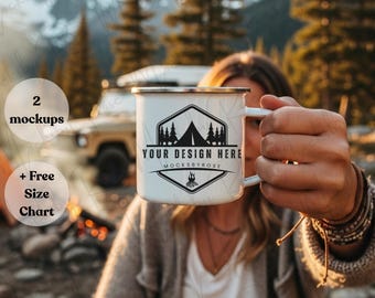 Printify 12oz Enamel Camping Mug Generic Brand Mockup, Nature Camping Hiking Forest Themed Stainless Steel Camping Coffee Mug Mockups POD