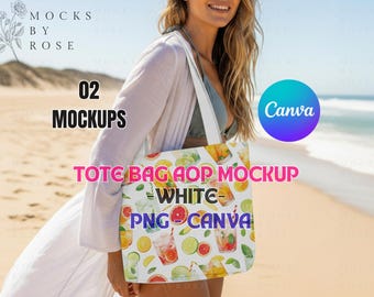 WHITE Tote Bag All Over Print Canva Transparent PNG Mockup | Summer Coastal Beach AOP Tote Bag Mockups | Lifestyle Model Tote Bag Mock-ups