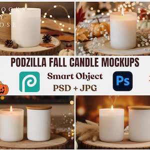 Puede incluir: Maquetas de velas con temática otoñal. Las velas son blancas y cilíndricas, algunas con tapas de madera. El fondo incluye calabazas, hojas y rodajas de madera. El texto "PODZILLA FALL CANDLE MOCKUPS" es visible.