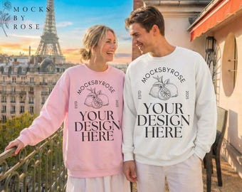 Gildan Sweatshirt 18000 White & Light Pink Back Mockups, Summer Vacation Shirt Mockup, Unisex Oversized Valentine Couple Matching Sweater