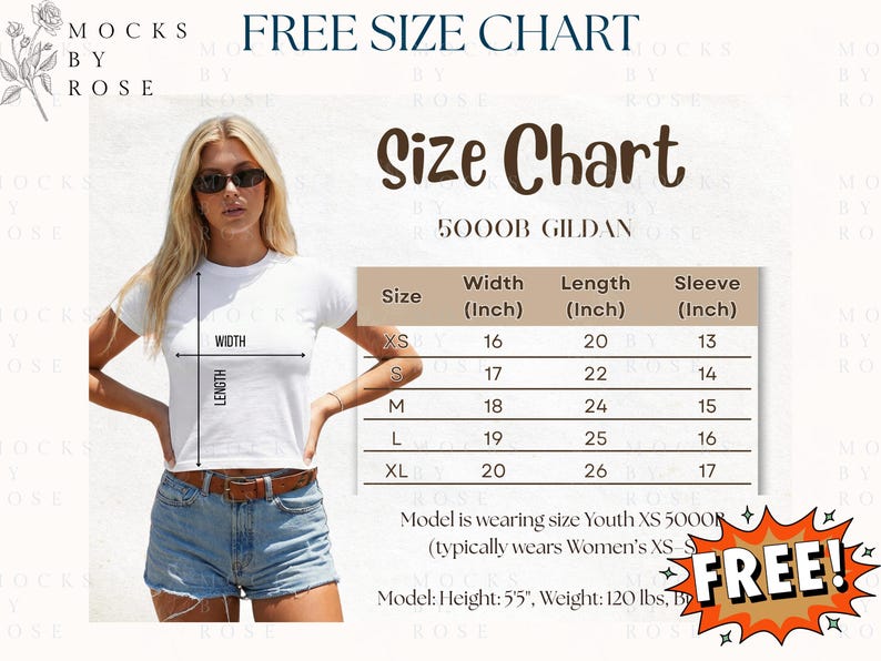 May include: A white t-shirt with a size chart, featuring measurements in inches for width, length, and sleeve. The chart includes sizes XS to XL. The image also includes the text "FREE SIZE CHART".