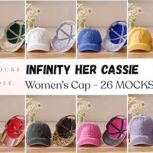Puede incluir: Una colección de gorras de béisbol en varios colores, incluyendo verde, blanco, azul y amarillo. Algunas gorras presentan patrones decorativos. Se muestra el texto "INFINITY HER CASSIE Women's Cap - 26 MOCKUP".