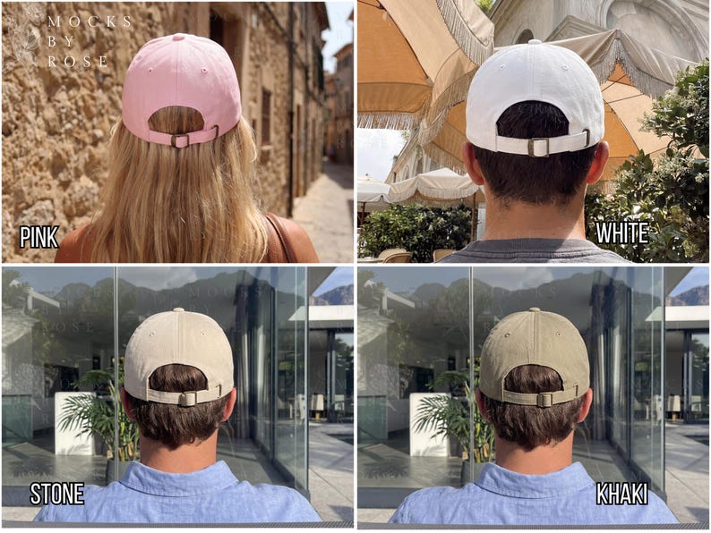 May include: Four baseball caps in pink, white, stone, and khaki. Each cap has a curved brim and an adjustable metal buckle closure. The caps are displayed from the back, showcasing the color variations.