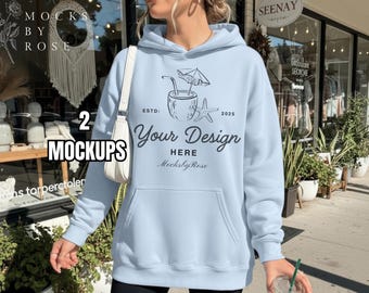 Gildan 18500 LIGHT BLUE Kapuzen-Sweatshirt Mockup Light Blue Hoodie Model Mockup Aesthetic Trendy Lifestyle Mockup Gildan 18500 Hoodie Mockup