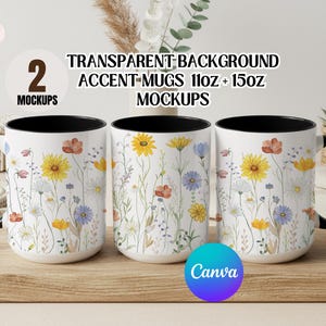 May include: Three white accent mugs with black handles and rims, decorated with a watercolor floral design featuring yellow, red, and blue wildflowers. The mugs are displayed on a wooden board. Text on the image reads "TRANSPARENT BACKGROUND ACCENT MUGS 11oz + 15oz MOCKUPS".
