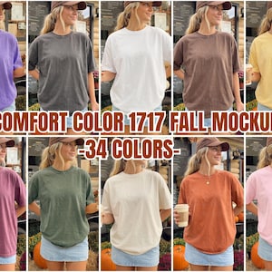 Op de afbeelding: Een collectie van tien t-shirts met korte mouwen in diverse effen kleuren, waaronder paars, antraciet, wit, bruin, geel, bordeaux, olijfgroen, crème, oranje en lichtroze. De tekst COMFORT COLOR 1717 FALL MOCKUP -34 COLORS- staat in het midden.