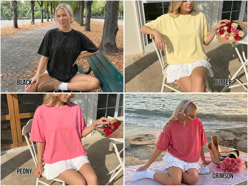 May include: Four short-sleeved t-shirts in black, butter, peony, and crimson. Each shirt is paired with a white skirt. The shirts are worn by a person in different outdoor settings. The word "BLACK", "BUTTER", "PEONY", and "CRIMSON" are written on the image.