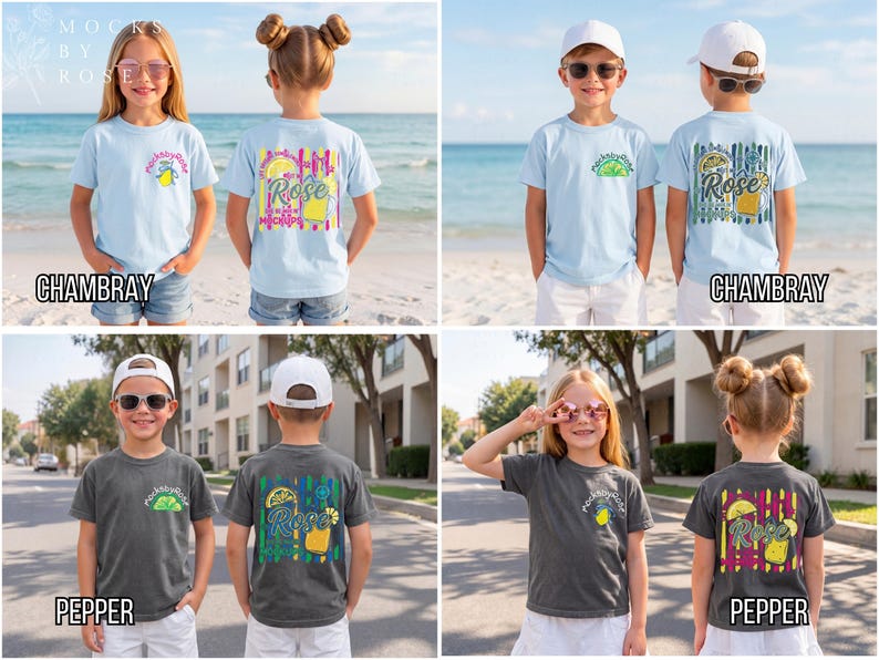 May include: Light blue and dark grey t-shirts with front and back graphics. The front of the light blue shirts have a lemon graphic and the text "Rockin' by the Shore". The back of the light blue shirts have a "Rose" graphic. The dark grey shirts have the same graphics.
