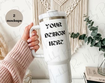 40oz White Insulated Tumbler Mockup Stainless Steel Travel Mug Mockup Boho Aesthetic Tumbler Mockup Print on Demand Tumbler Mockup POD JPEG