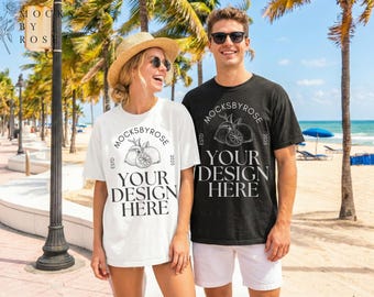 Makiety koszulek Comfort Colors Black & White 1717, makiety koszulek dla par na letnie wakacje na plaży, makiety koszulek unisex oversize