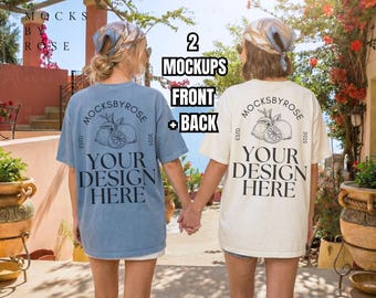 Comfort Colors Blue Jean and Ivory 1717 T-shirt Front Back Mockups, Summer Beach Girls Group Shirt Mockup, Party Bachelorette Tshirt Mock-up