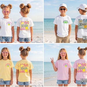 May include: White, butter, and blossom-colored t-shirts with front and back designs. The front of the shirts feature a lemon graphic and text. The back of the shirts have a graphic with the word "Rose". The children are wearing denim shorts.