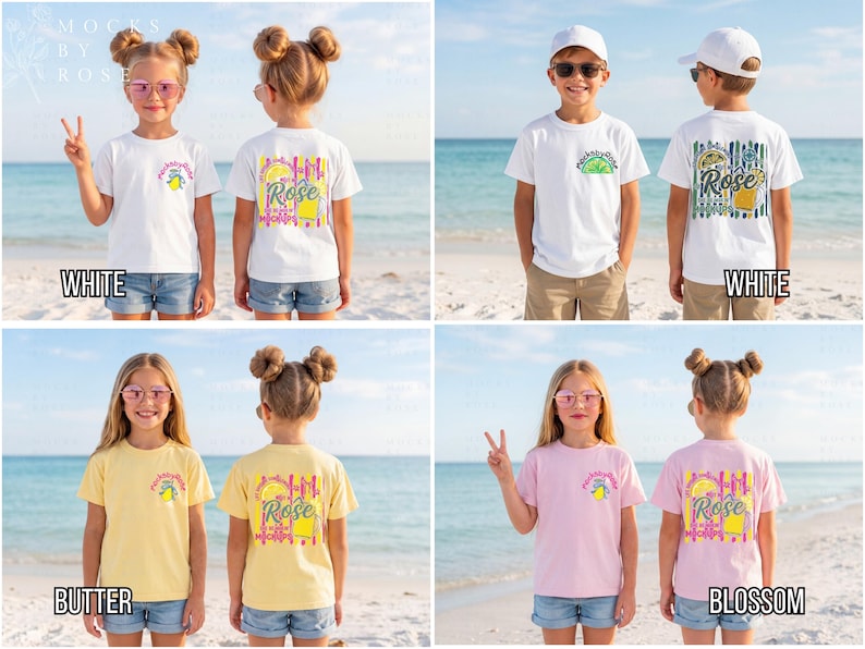 May include: White, butter, and blossom-colored t-shirts with front and back designs. The front of the shirts feature a lemon graphic and text. The back of the shirts have a graphic with the word "Rose". The children are wearing denim shorts.