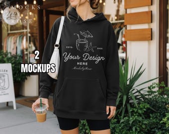 Gildan 18500 BLACK Hooded Sweatshirt Mockup Black Hoodie Model Mockup Aesthetic Trendy Lifestyle Mockup Gildan 18500 Hoodie Mockup