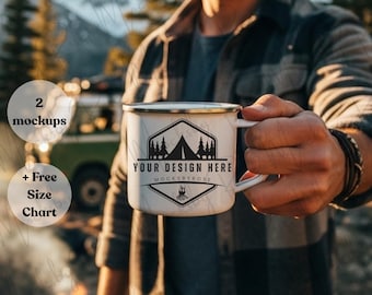Printify 12oz Enamel Camping Mug Generic Brand Mockup, Nature Camping Hiking Forest Themed Stainless Steel Camping Coffee Mug Mockups POD