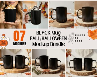 Black Mug 11oz & 15oz Mockups Bundle, Autumn Fall Halloween Black Ceramic Coffee Mug Mockups, Boho Aesthetic Generic Brand Black Mug Mockup