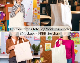 Cotton Canvas Tote Bag Mockups Bundle | Teacher Classroom Themed Canvas Tote Bag Mocks | POD Mockups for Printify | Print-on-Demand Tote Bag