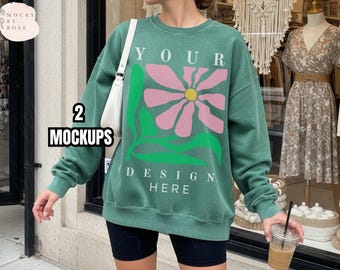 Comfort Color 1566 LIGHT GREEN Sweatshirt Mockup Light Green Sweater Model Mockup Aesthetic Trendy Lifestyle CC1566 Mockup Comfort Color