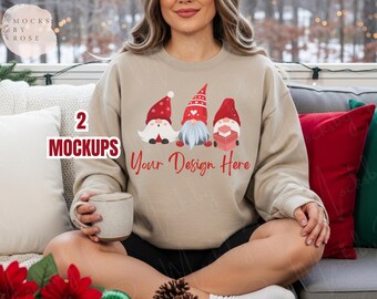 Gildan 18000 SAND Sweatshirt Mockup Sand Sweater Flat Lay Mockup Trendy Christmas Holiday Aesthetic Gildan 18000 Sweater Mockup Printify