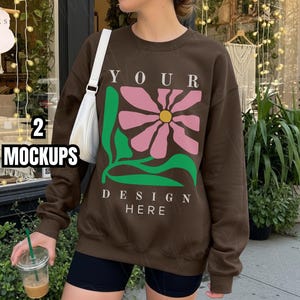 Gildan 18000 Dark Chocolate Sweatshirt Mockup Chocolate Sweater Model Mockup Aesthetic Trendy Lifestyle 18000 Mockup Gildan 18000 Crewneck