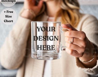 Printify 10oz Glass Mug Mockup | Generic Brand Glass Mug Mock | Boho Style Clear Glass Mug Mockups | Print on Demand Glass Coffee Cup Mockup
