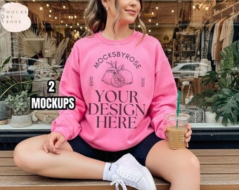 Gildan 18000 roze veiligheidssweater mockup roze trui Model mockup esthetisch trendy levensstijl 18000 mockup printify Gildan 18000 ronde hals