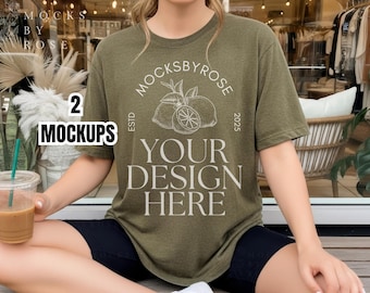 Bella Canvas 3001 HEATHER OLIVE Tshirt Mockup Unisex Jersey Short Sleeve Tee Oversized Mockup Trendy Lifestyle Shirt Mockup Aesthetic Mockup