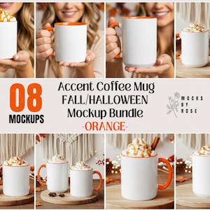 Pode incluir: Um pacote de mockups com canecas de café brancas com detalhes e alças laranja. Algumas canecas são preenchidas com chantilly e paus de canela. A imagem inclui o texto: "Accent Coffee Mug FALL/HALLOWEEN Mockup Bundle -ORANGE-".