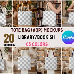 May include: A composite image showcasing tote bag mockups. The bags feature a checkered pattern and are displayed in various settings, including libraries and outdoor scenes. Text on the image reads "TOTE BAG (AOP) MOCKUPS", "20 MOCKUPS", "LIBRARY/BOOKISH", and "-05 COLORS-".