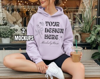 Gildan 18500 ORCHID Hoodie Mockup Orchid Purple Hoodie Modell Mockup Estetisk Trendig Livsstil Mockup Gildan 18500 Hoodie Mockup