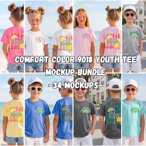 May include: A Comfort Color 9018 youth tee mockup bundle featuring various colored t-shirts. The shirts display front and back designs with the word "Rose" and a lemon graphic. The image includes the text "-34 MOCKUPS-".