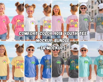 Comfort Colors 9018 Youth Tee Front & Back Mockup Bundle, Summer Beach Kid T-shirt Mock-up (Digital Download)