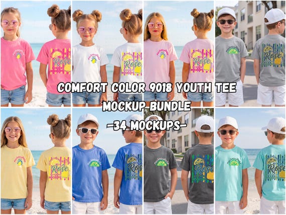 Comfort Colors 9018 Youth Tee Front & Back Mockup Bundle, Summer Beach Kid T-shirt Mock-up (Digital Download)