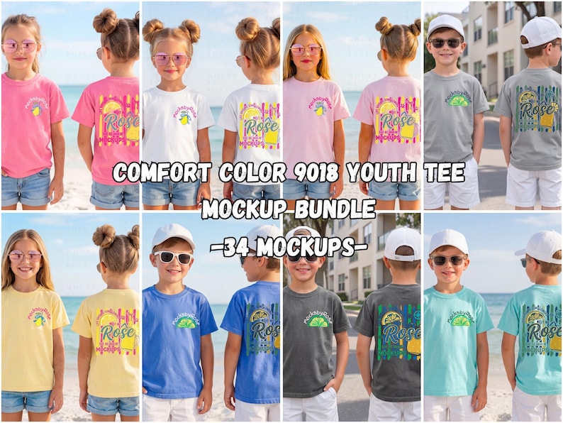 May include: A Comfort Color 9018 youth tee mockup bundle featuring various colored t-shirts. The shirts display front and back designs with the word "Rose" and a lemon graphic. The image includes the text "-34 MOCKUPS-".