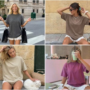 May include: Four women modeling oversized t-shirts in different colors: pepper, espresso, khaki, and berry. Each shirt has a crew neck and short sleeves. The models are wearing white shorts. The image includes the text "MOCKS BY ROSE".