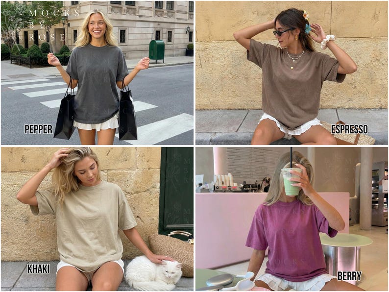 May include: Four women modeling oversized t-shirts in different colors: pepper, espresso, khaki, and berry. Each shirt has a crew neck and short sleeves. The models are wearing white shorts. The image includes the text "MOCKS BY ROSE".