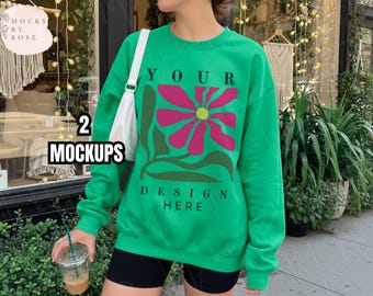 Maquette de sweat-shirt vert irlandais Gildan 18000 Maquette de pull vert Gildan, esthétique, mode de vie tendance, maquette 18000 Printify col rond 18000