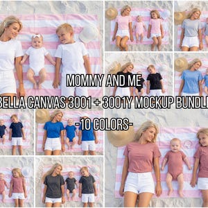 May include: A mockup bundle featuring Bella Canvas 3001 and 3001Y t-shirts in various colors. The image shows a mother and child wearing matching outfits, with the text "MOMMY AND ME" and "-10 COLORS-". The scene is set on a beach.