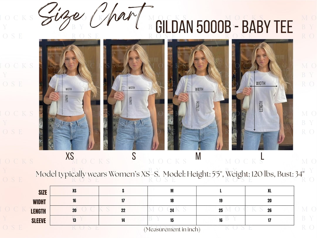 Gildan 5000B Baby Tee Size Chart, Y2K Baby Tee Size Chart Mockup, Women ...