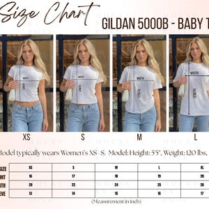 May include: Size chart for a Gildan 5000B baby tee. The chart shows measurements in inches for sizes XS to XL. The model typically wears XS. The model's height is 5'5", weight is 120 lbs, and bust is 34".