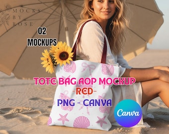 RED Tote Bag All Over Print Canva Transparent PNG Mockup | Summer Coastal Beach AOP Tote Bag Mockups | Lifestyle Model Tote Bag Mock-ups