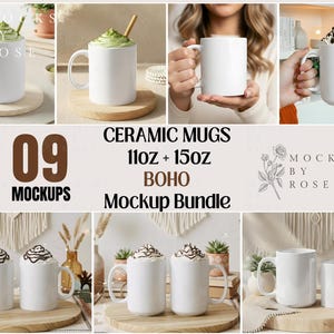 May include: A selection of white ceramic mugs, some filled with drinks and toppings, displayed on wooden coasters. The image includes text that reads "CERAMIC MUGS 11oz + 15oz BOHO Mockup Bundle" and "MOCKS BY ROSE".