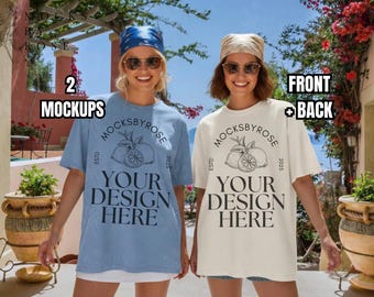 Comfort Colors Blue Jean and Ivory 1717 T-shirt Front Back Mockups, Summer Beach Girls Group Shirt Mockup, Party Bachelorette Tshirt Mock-up