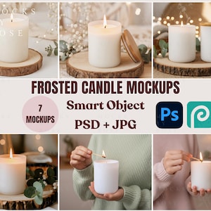 May include: A collection of frosted candle mockups. The candles are white and cylindrical, some with wooden lids, and are placed on wooden slices. The image includes text that reads "FROSTED CANDLE MOCKUPS" and "7 MOCKUPS PSD + JPG".