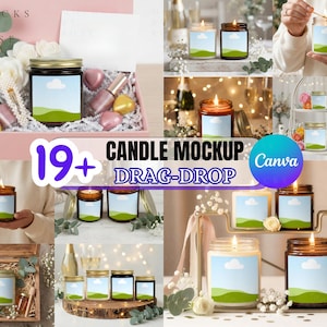 May include: A selection of candle mockups featuring different jars, labels, and arrangements. The candles display a label with a blue sky and green landscape design. The image includes the text "19+ CANDLE MOCKUP DRAG-DROP Canva".