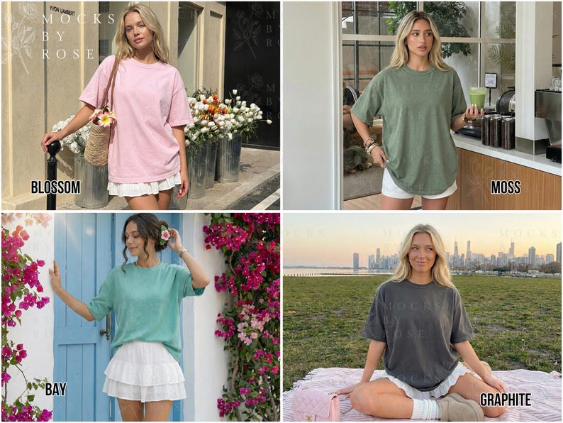 May include: Four different colored t-shirts are displayed. The colors are blossom pink, moss green, bay blue, and graphite gray. Each shirt has a crew neck and short sleeves. The shirts are worn with white skirts. The text "Mocks by Rose" is visible.